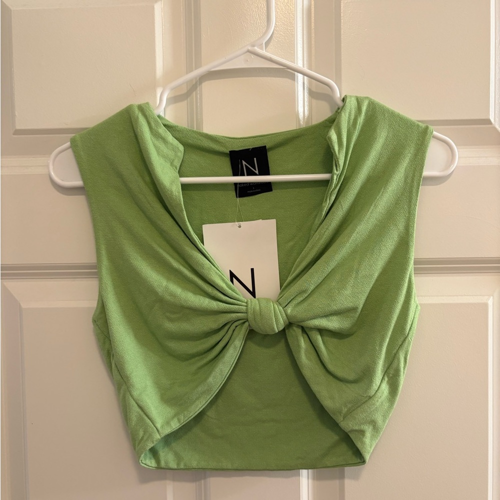 Naked Wardrobe Green Tie Front Crop Tank Top